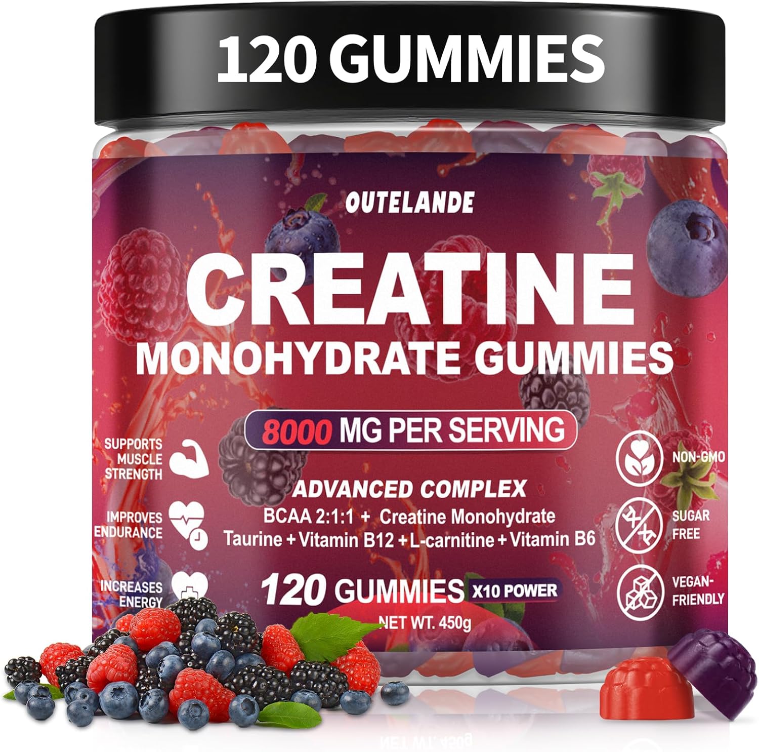 OUTELANDE Creatine Monohydrate Gummies, mixed berry, 120 count
